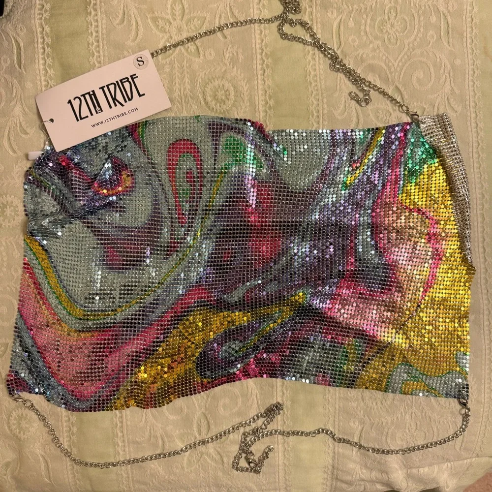 12th Tribe Rainbow Chainmail Halter Crop Top Small NWT Rave Festival Burning Man - Picture 2 of 4